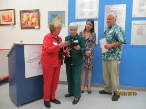 Judy McCarty presenting plaque in memory of Orlie Baird to his wife-Gay, and daughter & son, May 21, 2015 (1)